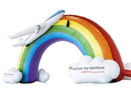 Inflatable customized rainbow advertisement arch with 3D airplane to buy at JB Promotions. Order custom-made advertising arches online at JB Inflatables UK