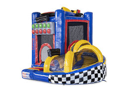Bespoke Flevojump Mini with Slide Formule 1 bouncy castle made at JB Promotions UK. Order online promotional inflatables in all shapes and sizes at JB Inflatables UK