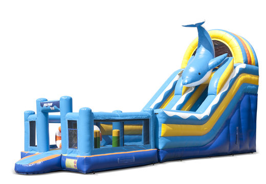 Order an inflatable multifunctional slide in the dolphin theme with a splash pool, impressive 3D object, fresh colors and the 3D obstacles for children. Buy inflatable slides now online at JB Inflatables UK