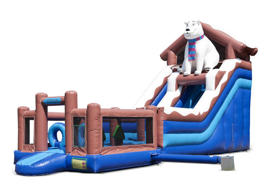 Order an inflatable multifunctional slide in a polar bear theme with a splash pool, impressive 3D object, fresh colors and the 3D obstacles for children. Buy inflatable slides now online at JB Inflatables UK