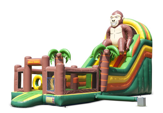 Unique gorilla-themed inflatable slide with a splash pool, impressive 3D object, fresh colors and the 3D obstacles for children. Order inflatable slides now online at JB Inflatables UK