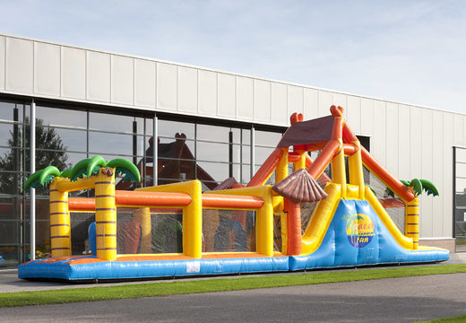 Order a 17 meter wide unique beach themed obstacle course with 7 game elements and colorful objects for children. Buy inflatable obstacle courses online now at JB Inflatables UK