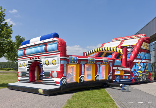Order an inflatable extra wide Fire Brigade World XL slide with 3D obstacles for children. Buy inflatable slides now online at JB Inflatables UK