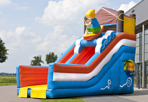 Order an inflatable multifunctional slide in a beach theme with a splash pool, impressive 3D object, fresh colors and the 3D obstacles for children. Buy inflatable slides now online at JB Inflatables UK