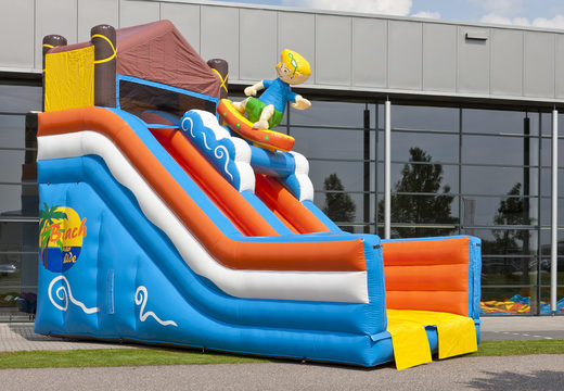 Buy a unique multifunctional beach themed inflatable slide with a splash pool, impressive 3D object, fresh colors and the 3D obstacle for children. Order inflatable slides now online at JB Inflatables UK