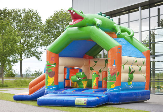 Buy a multifun bouncy castle with a striking 3D figure of a crocodile on the roof for kids. Order bouncy castles online at JB Inflatables UK