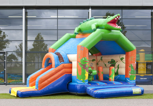 Order covered multifun bouncy castle with slide in crocodile theme with 3D object at the top for both young and older children. Buy inflatable bouncy castles online at JB Inflatables UK