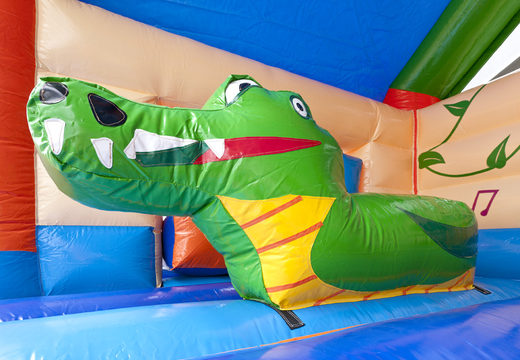 Order covered multifun bouncer with slide in crocodile theme with 3D object at the top for kids. Buy inflatable bouncers online at JB Inflatables UK