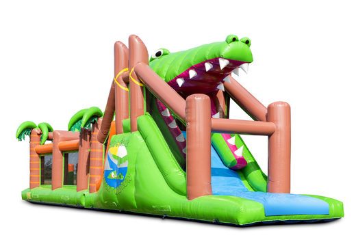 Unique crocodile-themed inflatable obstacle course with 7 game elements and colorful objects to buy for children. Order inflatable obstacle courses now online at JB Inflatables UK