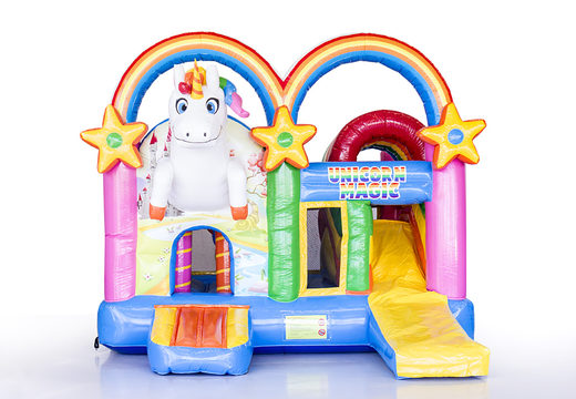 Multiplay Unicorn bouncy castle with a slide, fun objects on the jumping surface and eye-catching 3D objects to buy for children. Order inflatable bouncy castles online at JB Inflatables UK