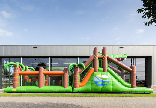 Order a 17 meter wide unique crocodile themed obstacle course with 7 game elements and colorful objects for children. Buy inflatable obstacle courses online now at JB Inflatables UK
