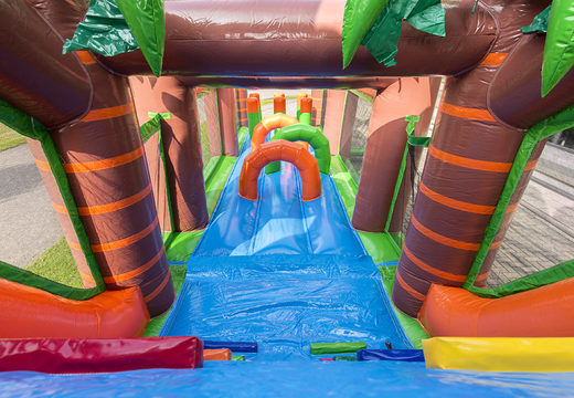 Order an inflatable crocodile-themed obstacle course with 7 game elements and colorful objects for kids. Buy inflatable obstacle courses online now at JB Inflatables UK