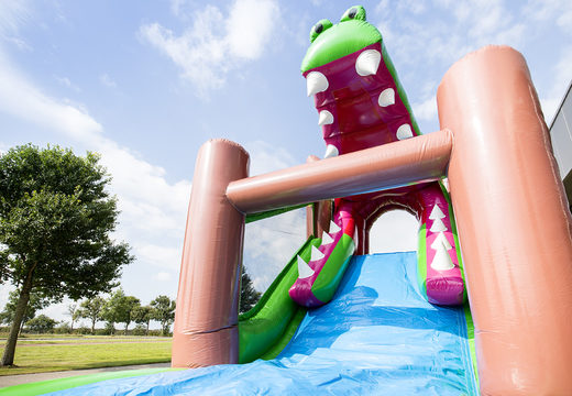 Order an inflatable unique 17 meter wide crocodile themed obstacle course for kids. Order inflatable obstacle courses now online at JB Inflatables UK