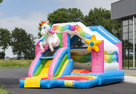 Buy inflatable slide combo unicorn-themed bouncy castle for kids. Order inflatable bouncy castles with slide now at JB Inflatables UK 