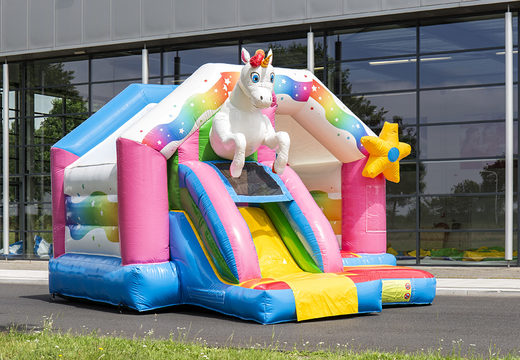 Order inflatable slide combo bouncy castle with unicorn for kids. Inflatable unicorn-themed bouncy castles with slide for sale at JB Inflatables UK