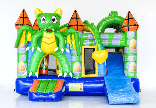 Medium inflatable multiplay bouncy castle in dragon theme with slide for children. Order inflatable bouncy castles online at JB Inflatables UK
