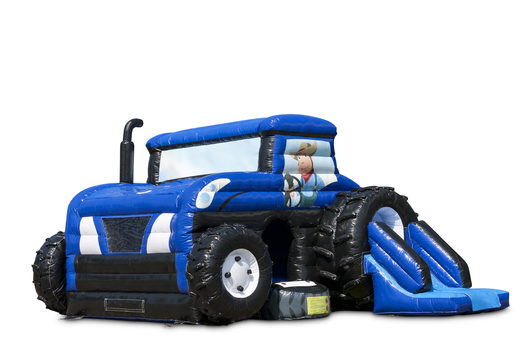 Buy inflatable covered blue maxi multifun bouncy castle with slide in tractor theme for children. Order bouncy castles online at JB Inflatables UK