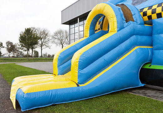 Buy an inflatable multifun bouncy castle for children with a roof in a car theme with various obstacles, a slide and a 3D object on the roof at JB Inflatables UK. Order bouncy castles online at JB Inflatables UK