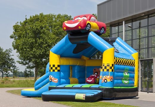 Buy a multifun bouncy castle in a car theme with a striking 3D figure on the roof for kids. Order bouncy castles online at JB Inflatables UK
