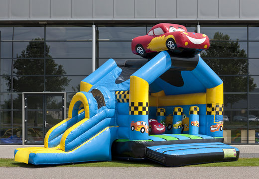 Order covered multifun bouncy castle with slide in the theme cars with 3D object at the top for both young and older children. Buy inflatable bouncy castles online at JB Inflatables UK