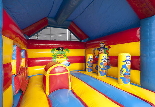 Buy an inflatable multifun bouncy castle for children with a pirate theme roof with a striking 3D object on top at JB Inflatables UK. Order bouncy castles online at JB Inflatables UK