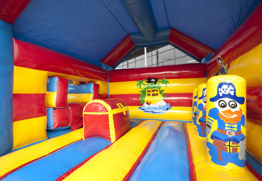 Order covered multifun bouncy castle with slide in pirate theme with 3D object at the top for both young and older children. Buy inflatable bouncy castles online at JB Inflatables UK