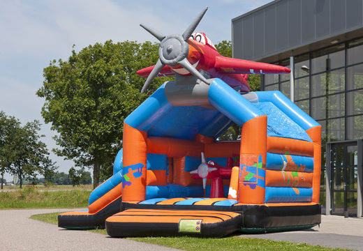 Buy a multifun bouncy castle in the theme airplane with a striking 3D figure on the roof for kids. Order inflatable bouncy castles online at JB Inflatables UK