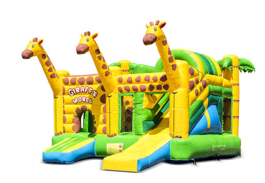 Buy an inflatable open multiplay bouncy castle in the giraffe theme with slide for children. Order inflatable bouncy castles online at JB Inflatables UK