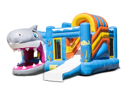 Buy an inflatable open multiplay bouncy castle in the shark shark theme with slide for children. Order inflatable bouncy castles online at JB Inflatables UK