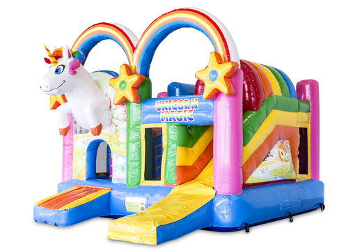 Buy indoor inflatable multiplay bouncy castle in the theme rainbow unicorn with slide for children. Order inflatable bouncy castles online at JB Inflatables UK