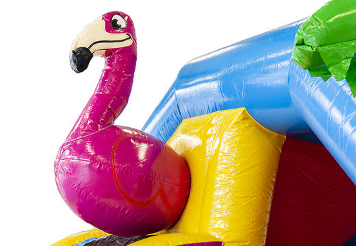 Inflatable slide combo flamingo-themed bouncer for sale at JB Inflatables UK. Buy inflatable bouncers with slide for kids