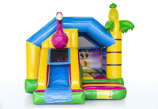 Order inflatable slide combo bouncy castle in flamingo theme for children. Buy inflatable bouncy castles with slide at JB Inflatables UK