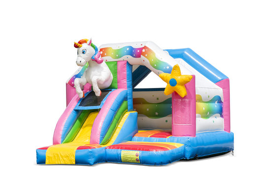 Inflatable slide combo bouncy castle in unicorn theme for sale at JB Inflatables UK. Order inflatable bouncy castles with slide for kids