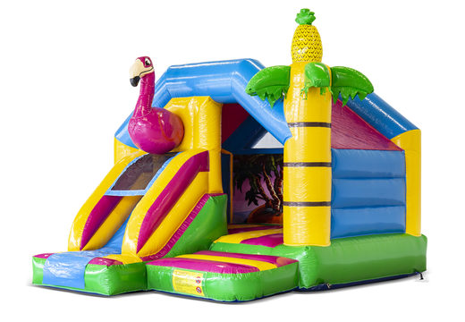 Order inflatable slide combo bounce house with pink flamingo at JB Inflatables UK. Inflatable flamingo-themed bounce houses with slide for sale at JB Inflatables UK