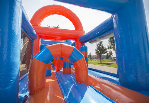 Order an inflatable unique 17 meter wide obstacle course in airplane theme for kids. Order inflatable obstacle courses now online at JB Inflatables UK
