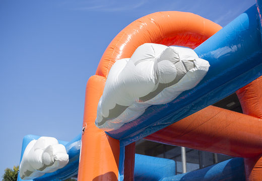 Order an airplane themed inflatable obstacle course with 7 game elements and colorful objects for kids. Buy inflatable obstacle courses online now at JB Inflatables UK