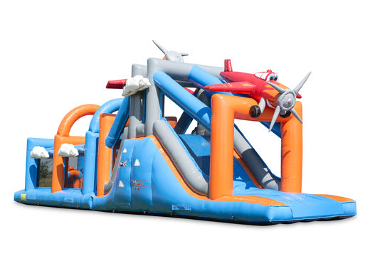 Unique airplane themed obstacle course with 7 game elements and colorful objects to buy for kids. Order inflatable obstacle courses now online at JB Inflatables UK