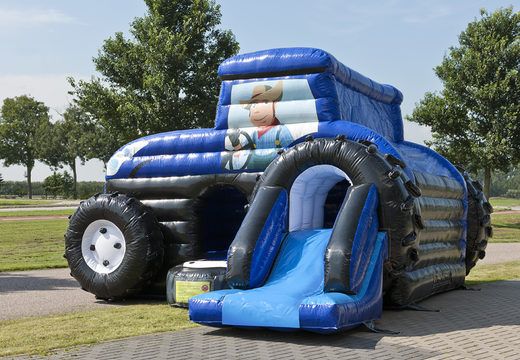 Buy covered maxi multifun blue bouncy castle with slide in tractor theme for children. Order bouncy castles online at JB Inflatables UK