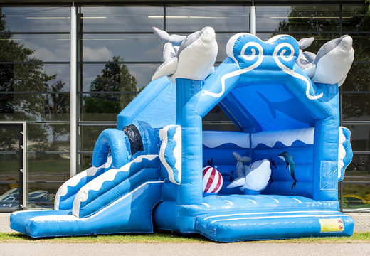 Buy inflatable multifun blue bouncy castle with roof in a dolphin theme with 3D objects on top for kids at JB Inflatables UK. Order bouncy castles online at JB Inflatables UK
