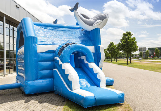 Order inflatable multifun bouncy castle with roof in dolphin with 3D objects at the top for kids at JB Inflatables UK. Buy inflatable bouncy castles online at JB Inflatables UK