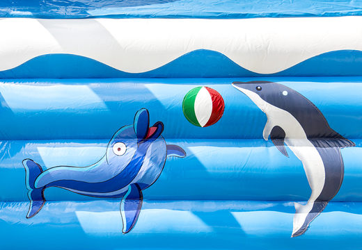 Order indoor multifun bouncer with slide in the dolphin theme with 3D object at the top for children. Buy bouncers online at JB Inflatables UK