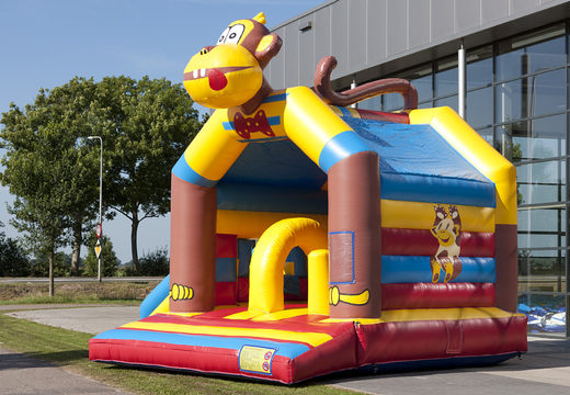Buy multifun bouncy castle in monkey theme with a striking 3D figure on the roof for kids. Order bouncy castles online at JB Inflatables UK