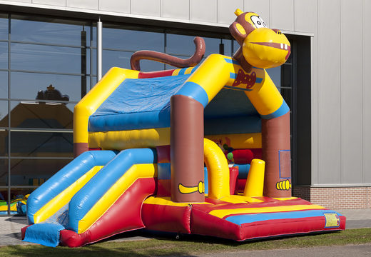 Order covered multifun bouncy castle with slide in monkey theme with 3D object at the top for both young and older children. Buy inflatable bouncy castles online at JB Inflatables UK