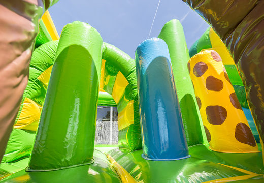 Order medium inflatable multiplay bouncy castle in giraffe theme with slide for children. Order inflatable bouncy castles online at JB Inflatables UK