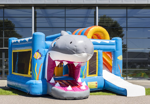 Medium inflatable multiplay bouncy castle in shark theme for children. Order inflatable bouncy castles online at JB Inflatables UK