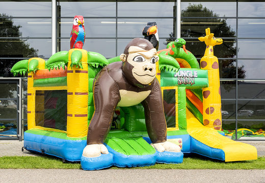 Multiplay bouncy castle in safari gorilla theme with slide for children. Buy inflatable bouncy castles online at JB Inflatables UK