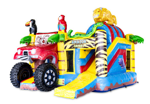 Buy indoor inflatable multiplay bouncy castle in Amazon safari theme with slide for children. Order inflatable bouncy castles online at JB Inflatables UK
