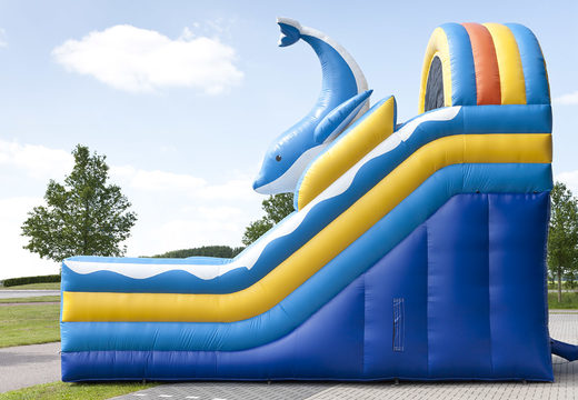 Dolphin theme multifunctional inflatable slide with a splash pool, impressive 3D object, fresh colors and the 3D obstacles for kids. Buy inflatable slides now online at JB Inflatables UK