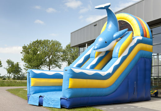 Unique multifunctional slide in a dolphin theme with a splash pool, impressive 3D object, fresh colors and the 3D obstacles for children. Buy inflatable slides now online at JB Inflatables UK
