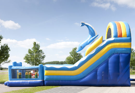 Dolphin themed multifunctional inflatable slide with a splash pool, impressive 3D object, fresh colors and the 3D obstacles for kids. Order inflatable slides now online at JB Inflatables UK